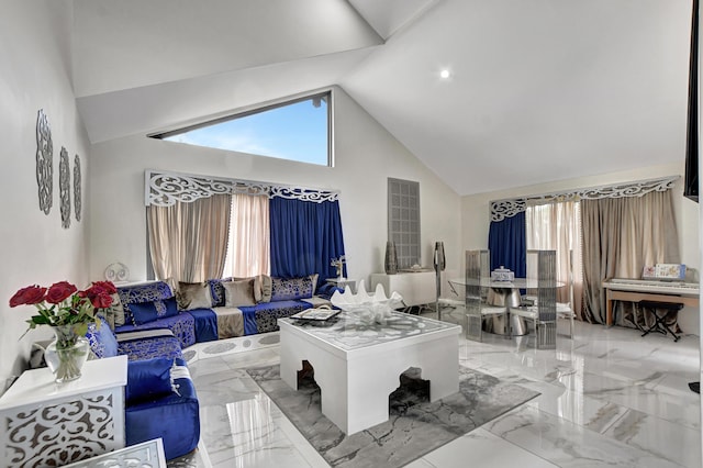 living room featuring high vaulted ceiling