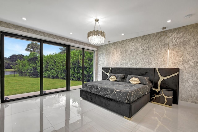 tiled bedroom with access to exterior and a notable chandelier