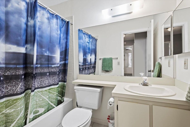 full bathroom featuring shower / bath combination with curtain, toilet, and vanity