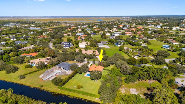 drone / aerial view featuring a water view