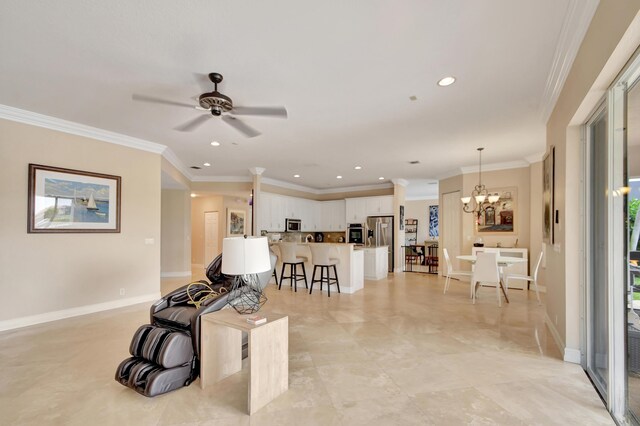 office with ceiling fan, ornamental molding, and hardwood / wood-style flooring