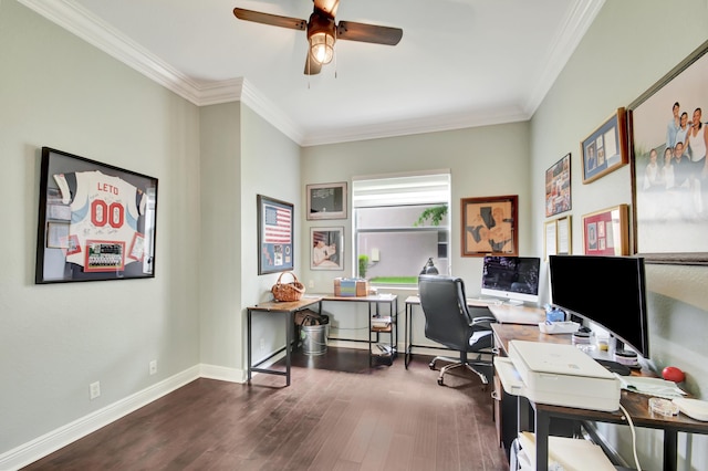 office space featuring dark hardwood / wood-style floors, ceiling fan, and crown molding