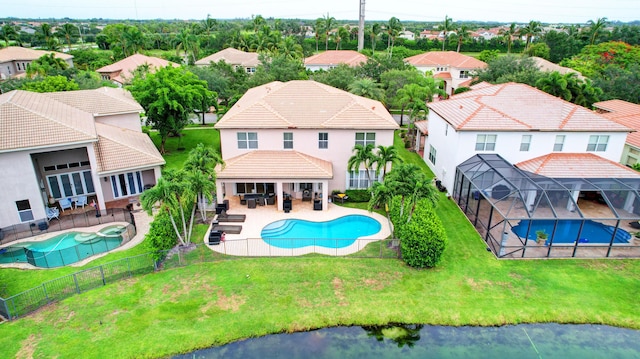 view of pool featuring a lanai, an outdoor living space, a lawn, and a water view