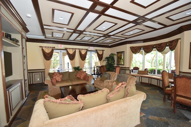 living room featuring beamed ceiling and coffered ceiling