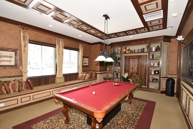 playroom featuring light carpet, ornamental molding, and pool table