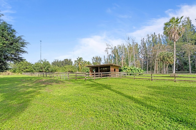 view of yard with a rural view and an outbuilding