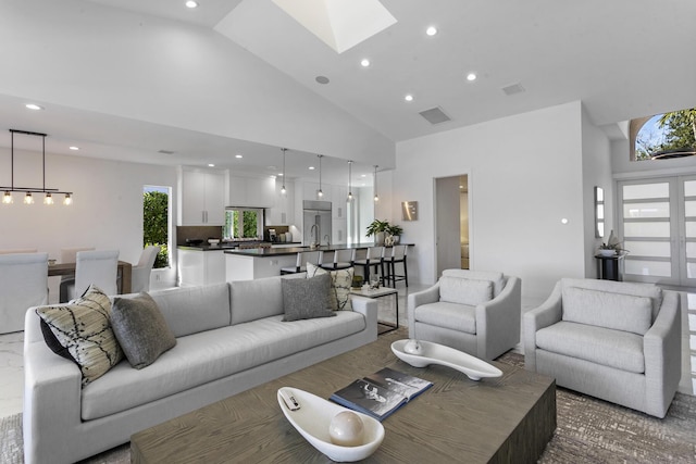 living room with sink, a skylight, and high vaulted ceiling