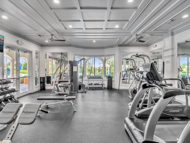 workout area with ceiling fan, french doors, coffered ceiling, and ornamental molding