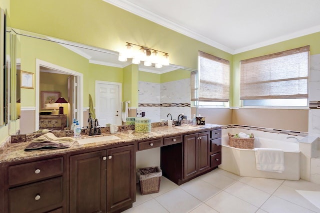 full bathroom featuring tile patterned floors, double vanity, crown molding, and a sink