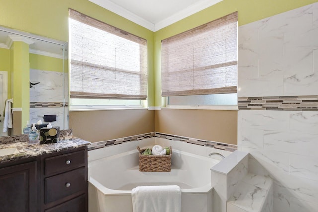 full bath featuring a bath, vanity, walk in shower, and ornamental molding