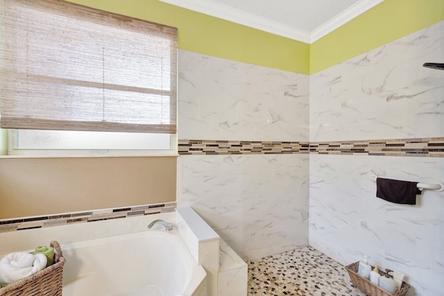 full bathroom with crown molding, a garden tub, and tiled shower