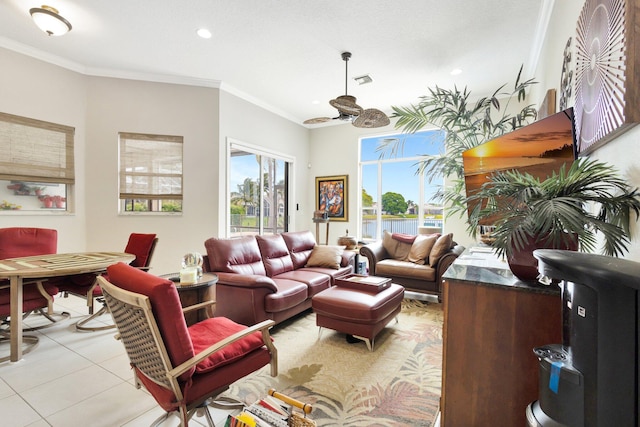 living room with light tile patterned floors, visible vents, recessed lighting, and crown molding