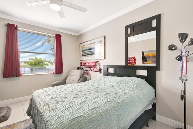 bedroom featuring ceiling fan, light tile patterned floors, baseboards, and ornamental molding