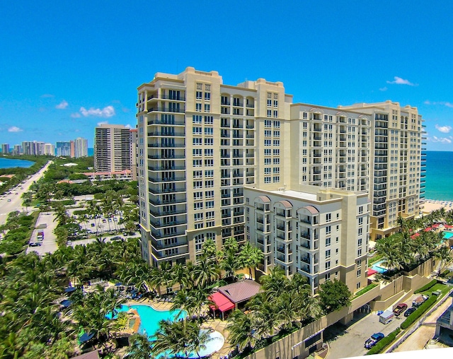 view of building exterior with a water view