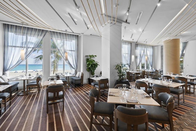 dining room with carpet flooring, plenty of natural light, and a water view