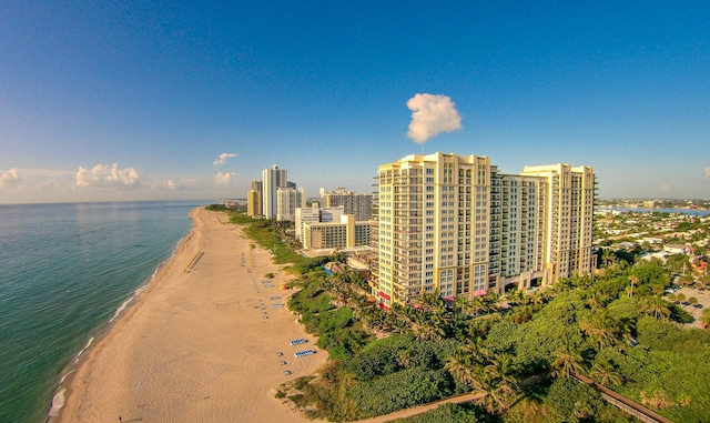 birds eye view of property featuring a water view and a view of the beach