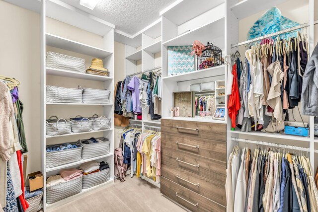 walk in closet featuring light colored carpet