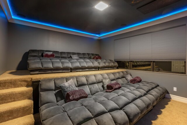 home theater room with light carpet, a tray ceiling, and baseboards