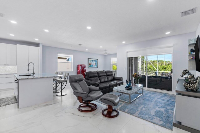 living room with a textured ceiling and sink