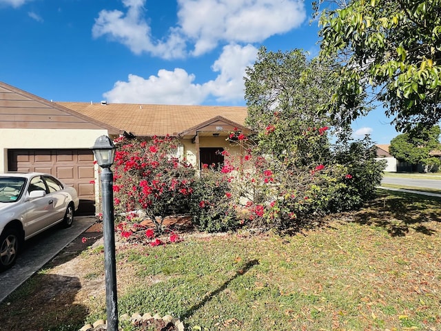 view of front facade with a garage and a front lawn