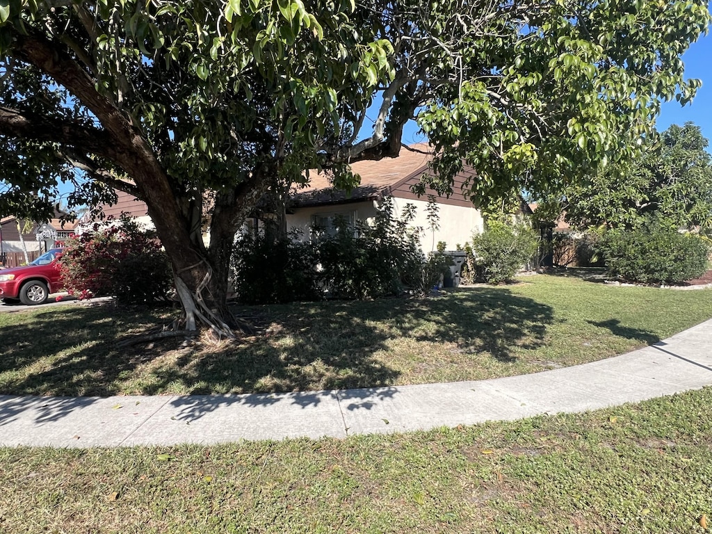 view of property hidden behind natural elements featuring a front yard