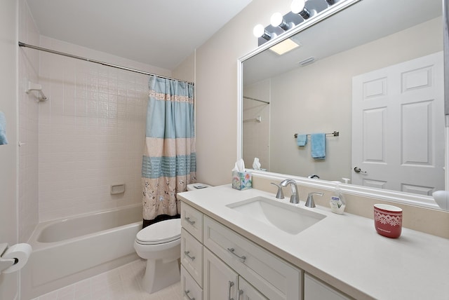 full bathroom with toilet, shower / bathtub combination with curtain, tile patterned floors, and vanity