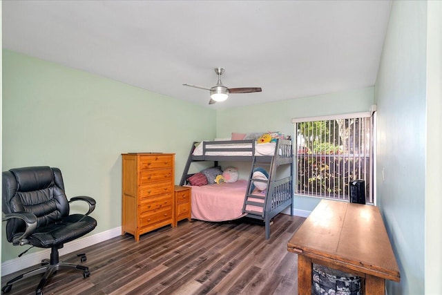 bedroom featuring access to exterior, ceiling fan, and dark hardwood / wood-style flooring