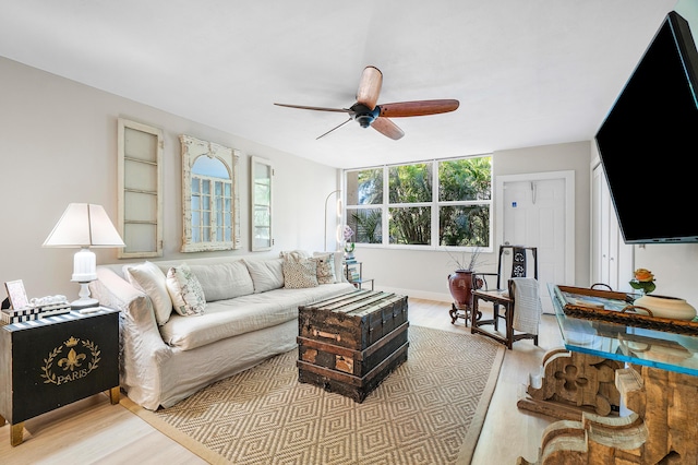 living room with ceiling fan and light hardwood / wood-style flooring