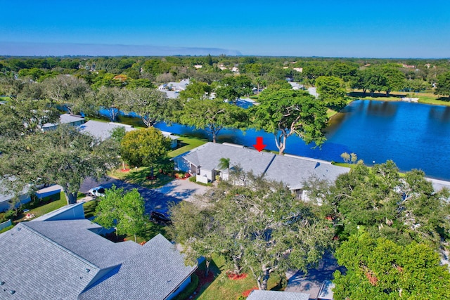 drone / aerial view featuring a water view