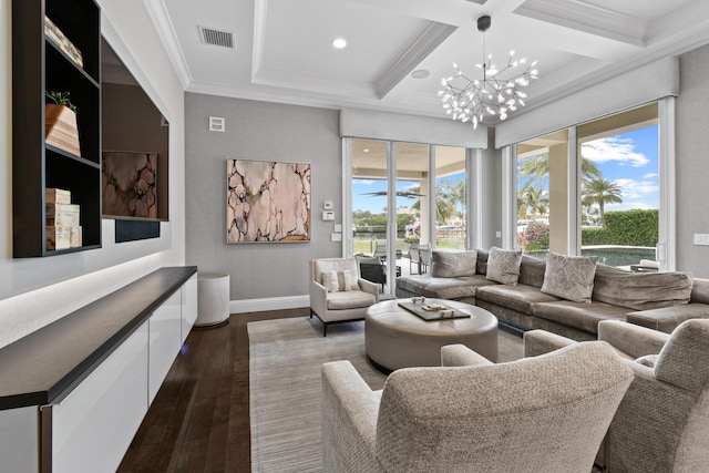 living room with an inviting chandelier, dark hardwood / wood-style flooring, ornamental molding, coffered ceiling, and beam ceiling