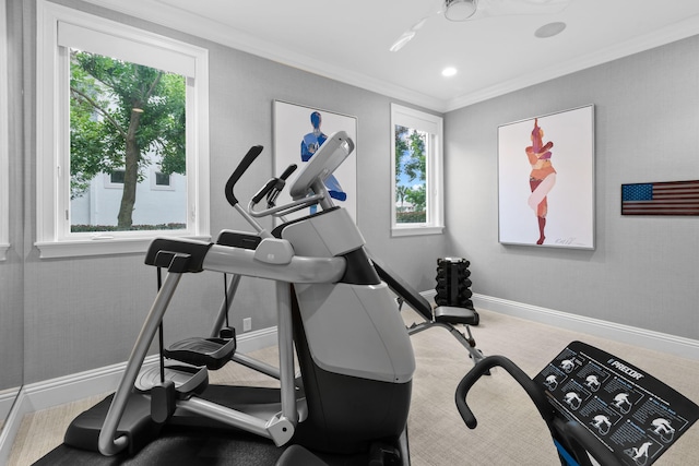 exercise room featuring crown molding