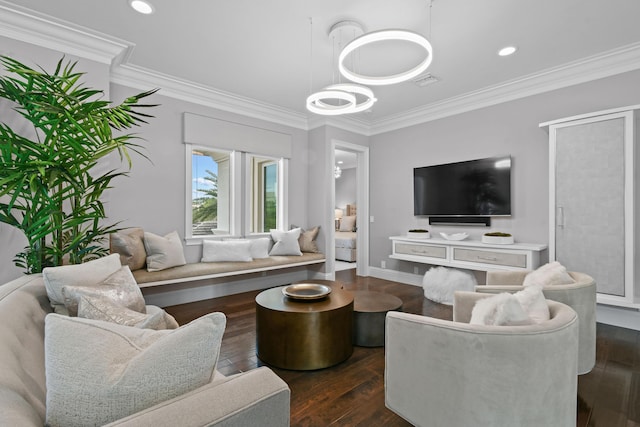 living room with crown molding and dark hardwood / wood-style floors