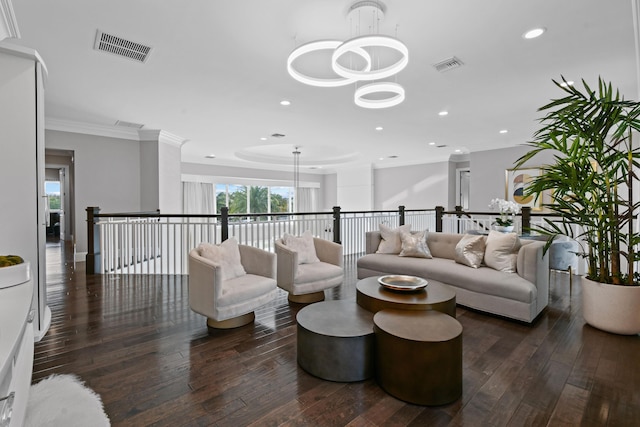 13791 Baycliff Dr, Juno Beach, FL 33408 - living room featuring crown molding, dark wood finished floors, recessed lighting, and a chandelier