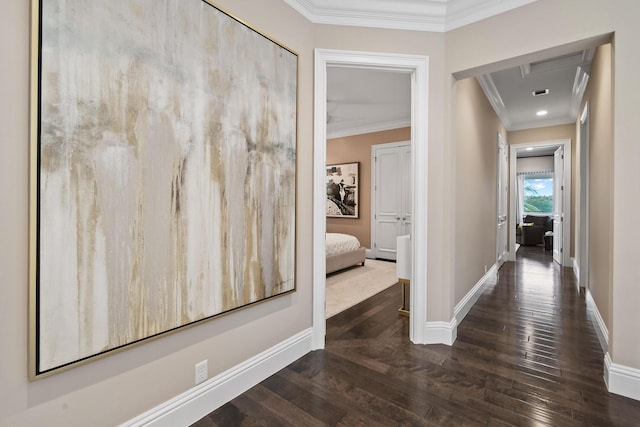 13791 Baycliff Dr, Juno Beach, FL 33408 - corridor with crown molding, dark wood finished floors, baseboards, attic access, and recessed lighting