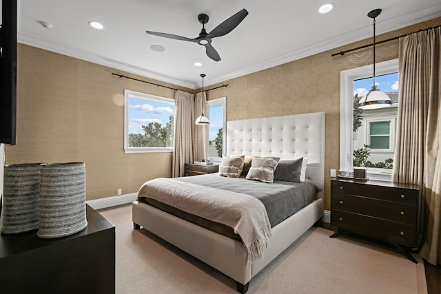 bedroom with multiple windows, crown molding, and ceiling fan