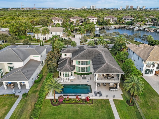 bird's eye view with a water view