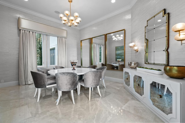 dining area with an inviting chandelier and crown molding