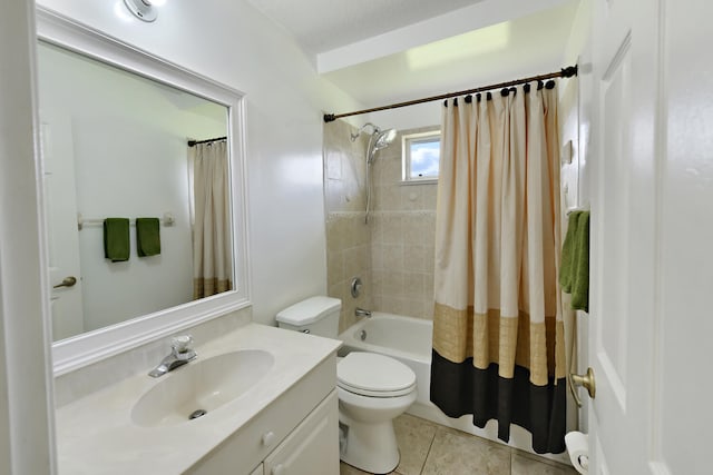 full bathroom with tile patterned floors, vanity, shower / tub combo, and toilet