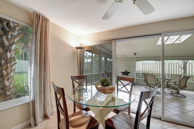 dining room with ceiling fan and light tile patterned floors