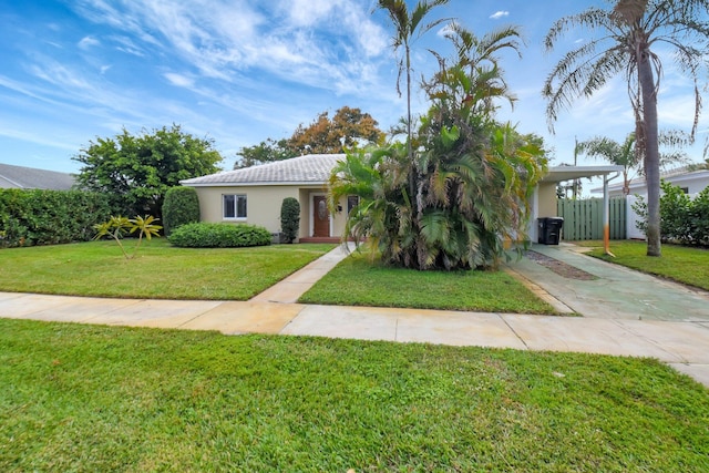 view of front facade featuring a front lawn and a carport