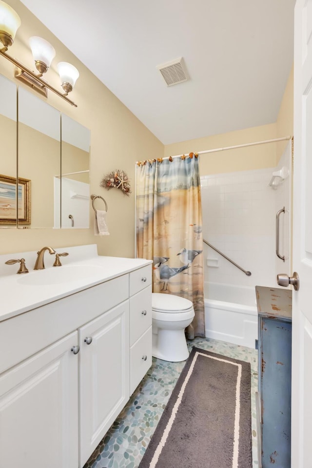 full bathroom with vanity, shower / bathtub combination with curtain, and toilet