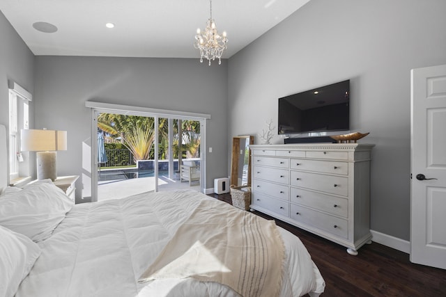 bedroom with vaulted ceiling, dark wood-type flooring, a chandelier, and access to outside