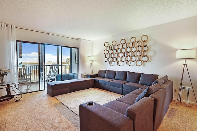 living room featuring light colored carpet and a textured ceiling