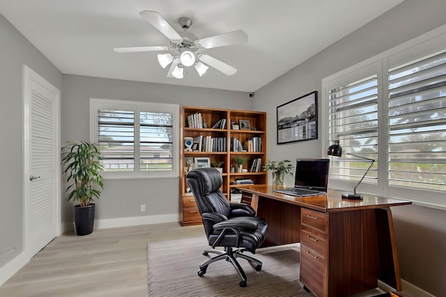 office area featuring ceiling fan and light wood-type flooring