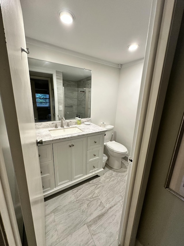 bathroom featuring crown molding, vanity, a shower with shower door, and toilet