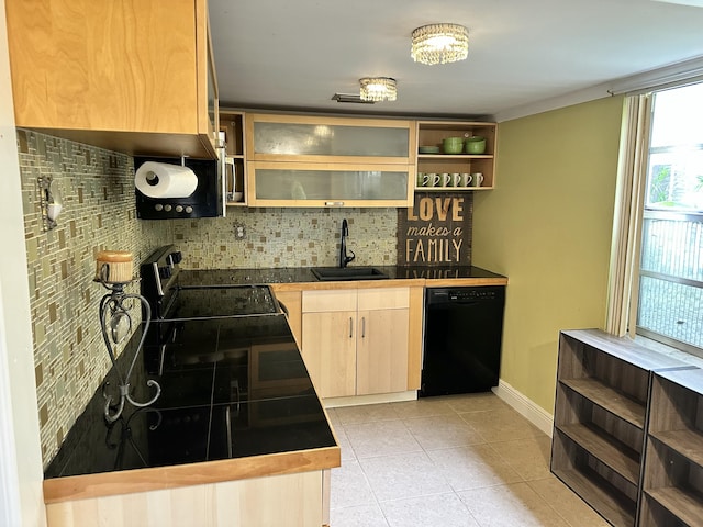 kitchen with stainless steel range with electric stovetop, dishwasher, backsplash, and sink