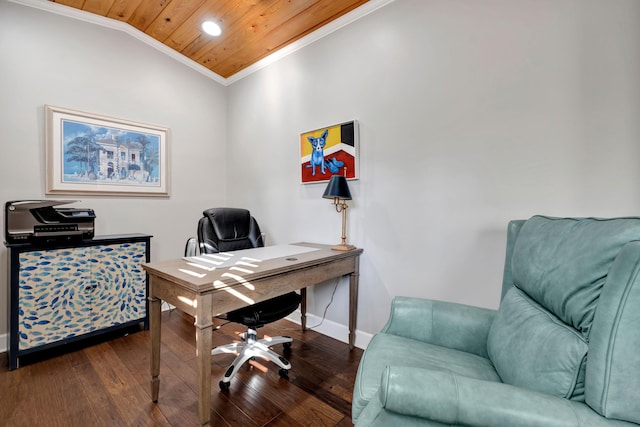 office space with crown molding, lofted ceiling, dark wood-type flooring, and wood ceiling