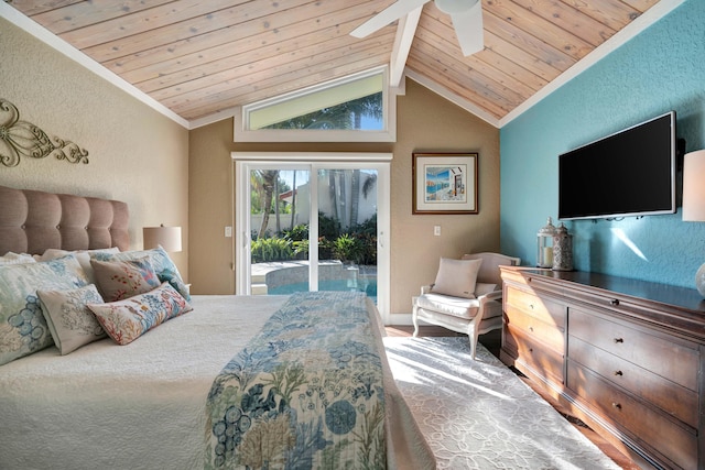 bedroom with wood ceiling, ceiling fan, access to exterior, and vaulted ceiling