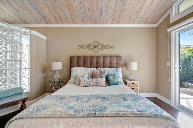 bedroom featuring crown molding, hardwood / wood-style flooring, access to outside, and wooden ceiling