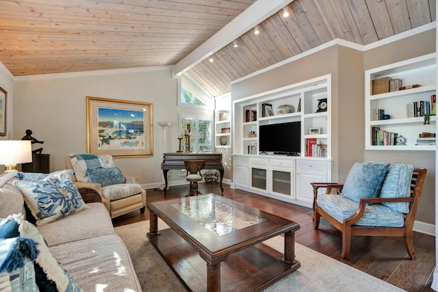 living room featuring hardwood / wood-style floors, lofted ceiling with beams, ornamental molding, wood ceiling, and built in shelves